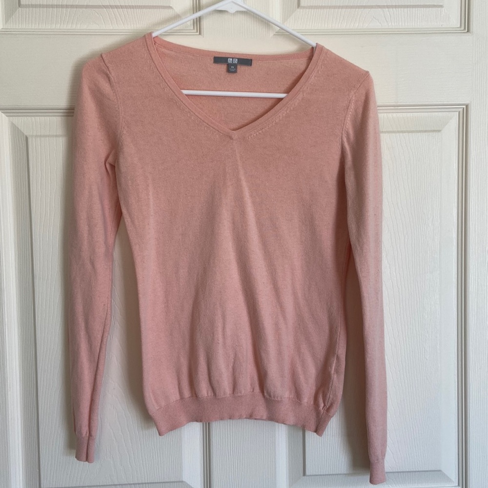 UNIQLO XS Pink V Neck Cotton-Cashmere Blend Sweater